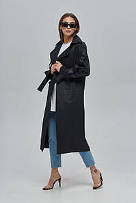 Плащ тренч з плащової тканини з широким англійським коміром і поясом по лінії талії темний чорний