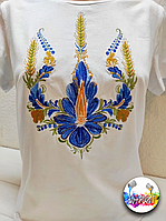 Вышиванка из хлопка женская "Цветущая Украина", Украинская белая вышиванка с тризубом. Размер S