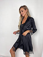 Красивый шёлковый женский комплект пеньюар ночнушка ночная сорочка и халат с кружевом чёрный 42 44 46 48