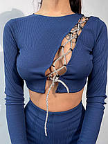 Стильний костюм топ декорований шнурком зі стразами та брюки кльош Db5346, фото 4