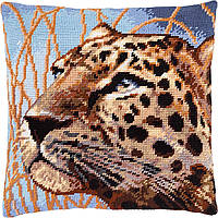 Набір для вишивання подушки хрестиком Леопард Страмін із пряжею Zweigart напівхрест 40х40 см
