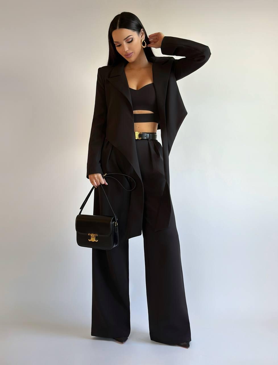 Стильний костюм трійка Шанс жіночий стильний піджак на зав'язці, топ з плетінням і штани Df5348