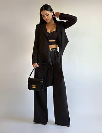 Стильний костюм трійка Шанс жіночий стильний піджак на зав'язці, топ з плетінням і штани Df5348, фото 1