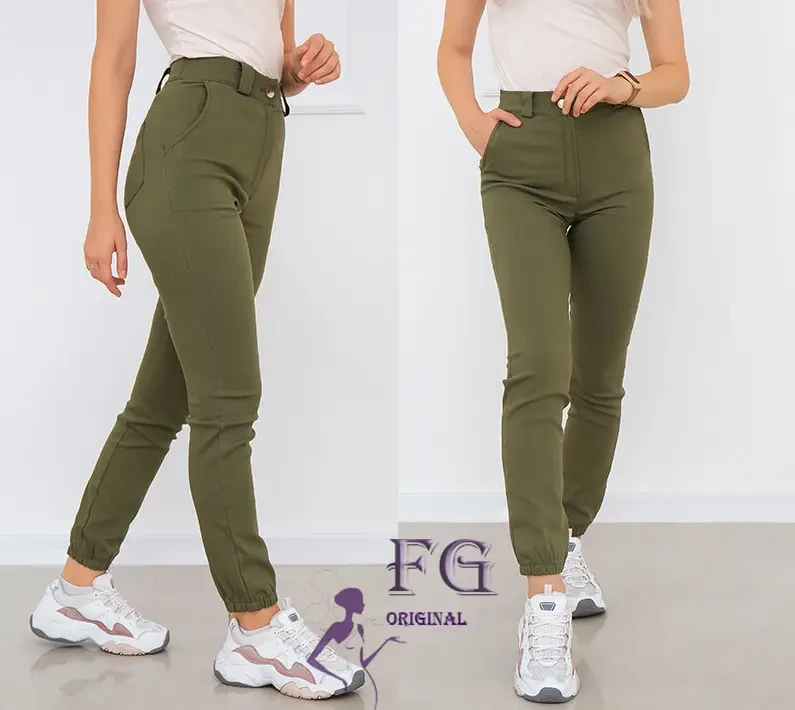 Жіночі штани демісезонні кольору хакі з високою посадкою, фото 1