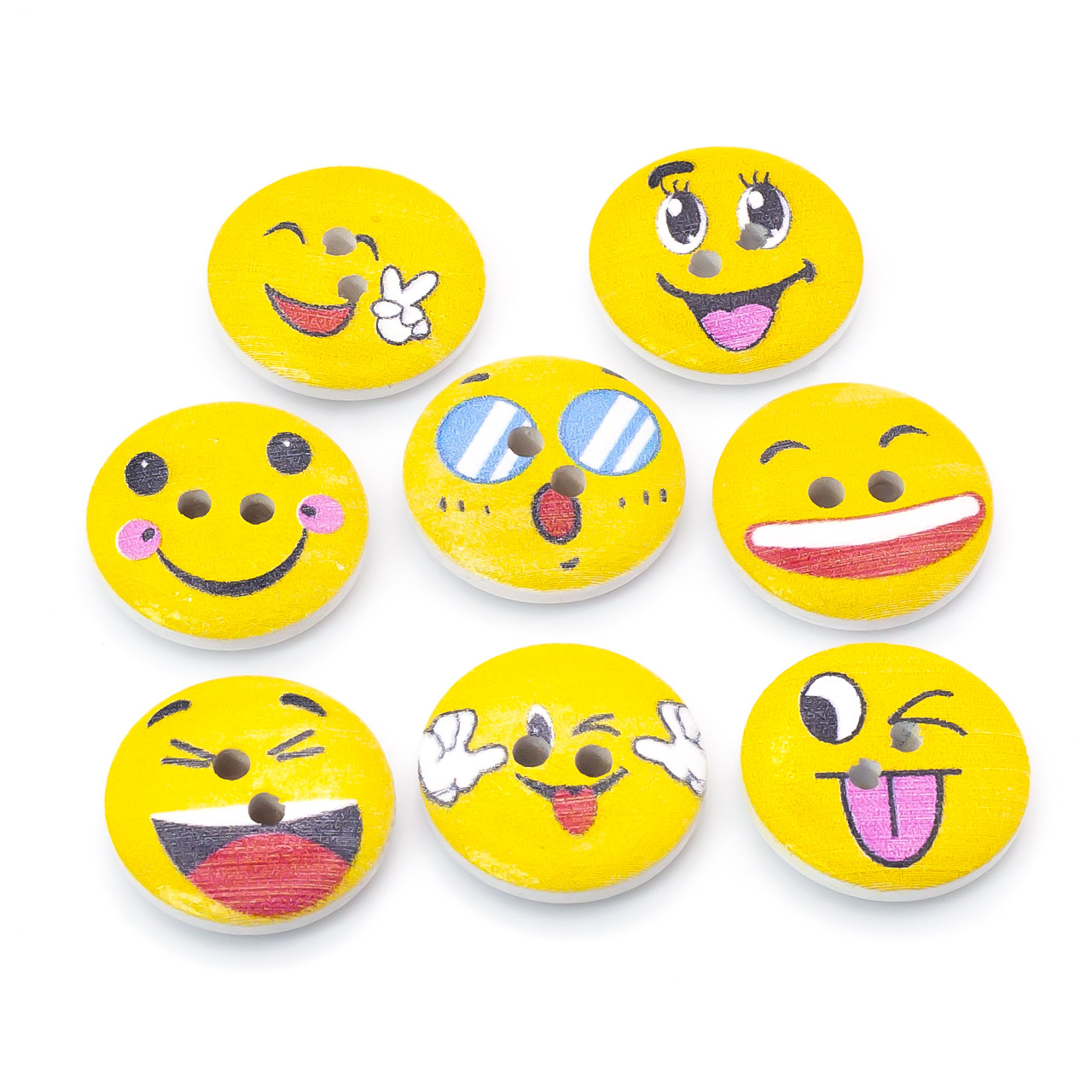 Ґудзики дерев'яні з принтом Смайлики круглі 20 мм 15 шт. Різнокольоровий, фото 1