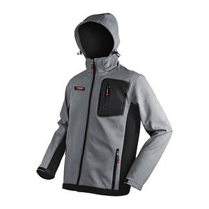 Куртка SOFTSHELL світло сіро-чорна, з капюшоном, тришарова, тканина стрейч 300 GSM 100D з