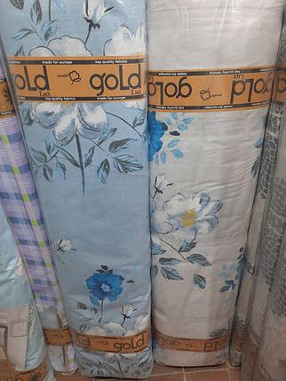 Тканина для постільної білизни Бязь "Gold" Lux GL1879 (A+B) - (50м+50м) квіти на блакитному з компаньйоном, фото 3