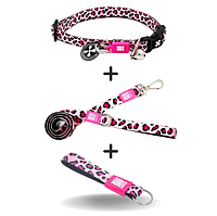 Smart ID Collar Leopard Pink/M + Short Leash Leopard Pink/M + Key Ring Leopard Pink/Tag