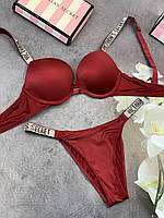 Комплект женского нижнего белья Victoria`s Secret женские трусики и бюстгальтер - размер 85B - Вишневый