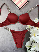 Комплект женского нижнего белья Victoria`s Secret женские трусики и бюстгальтер - размер 85C - Вишневый
