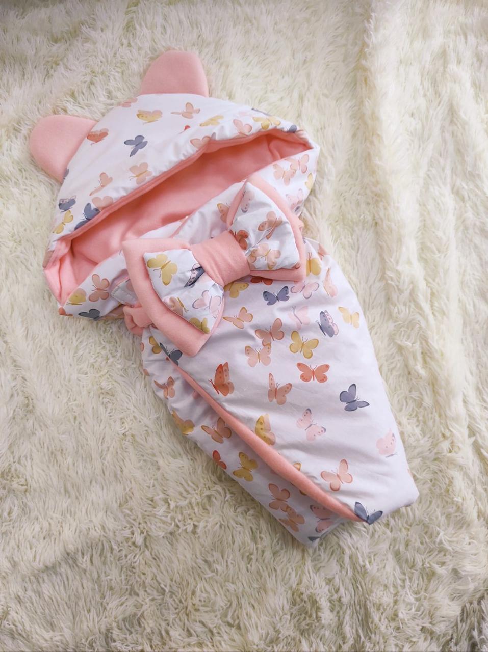 Демісезонний бавовняний конверт з принтом метелики, персиковий, фото 1