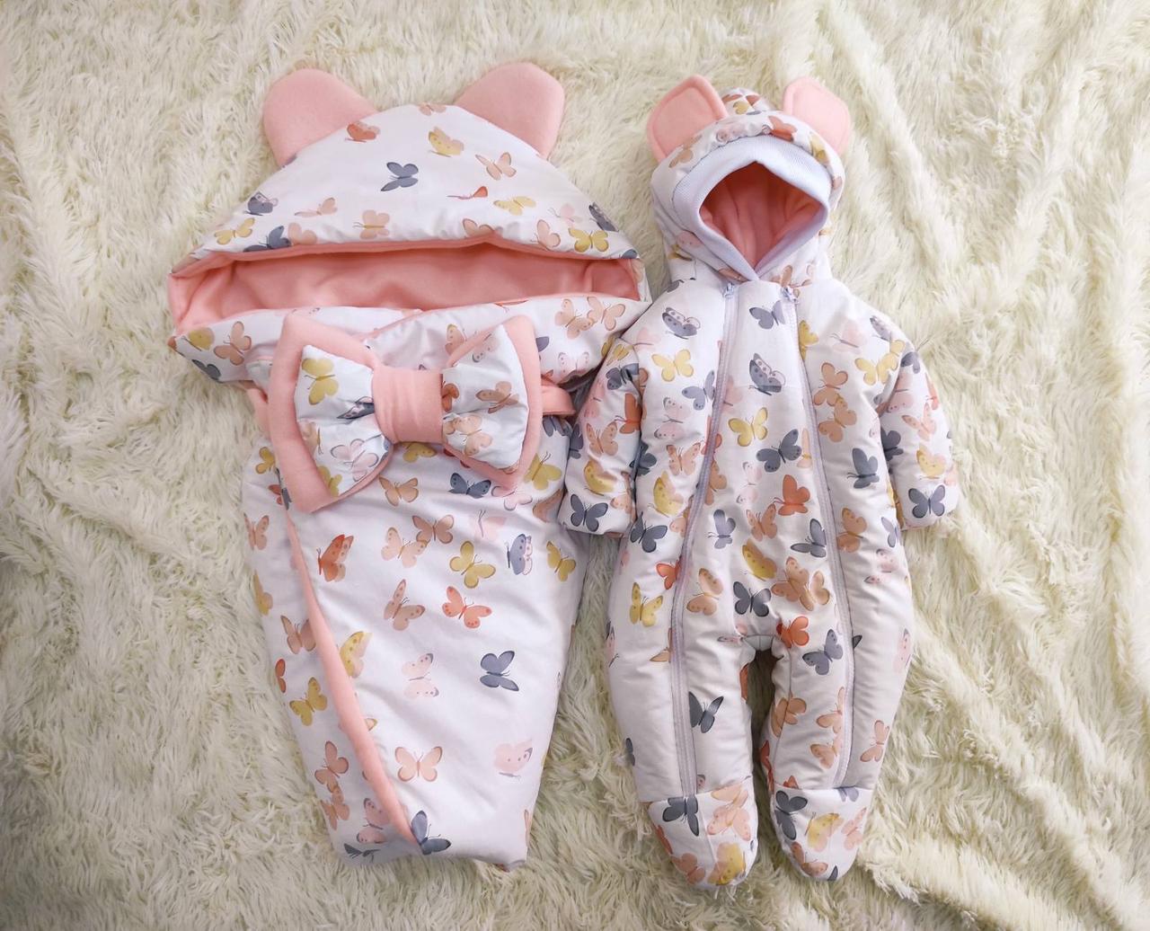 Демісезонний конверт + комбінезон для новонароджених дівчаток, принт метелики, фото 1