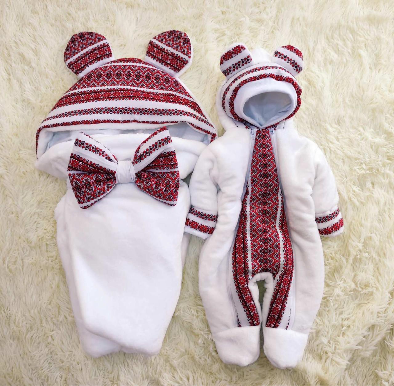 Демісезонний конверт + комбінезон для новонароджених дівчаток, принт Вишиванка, фото 1