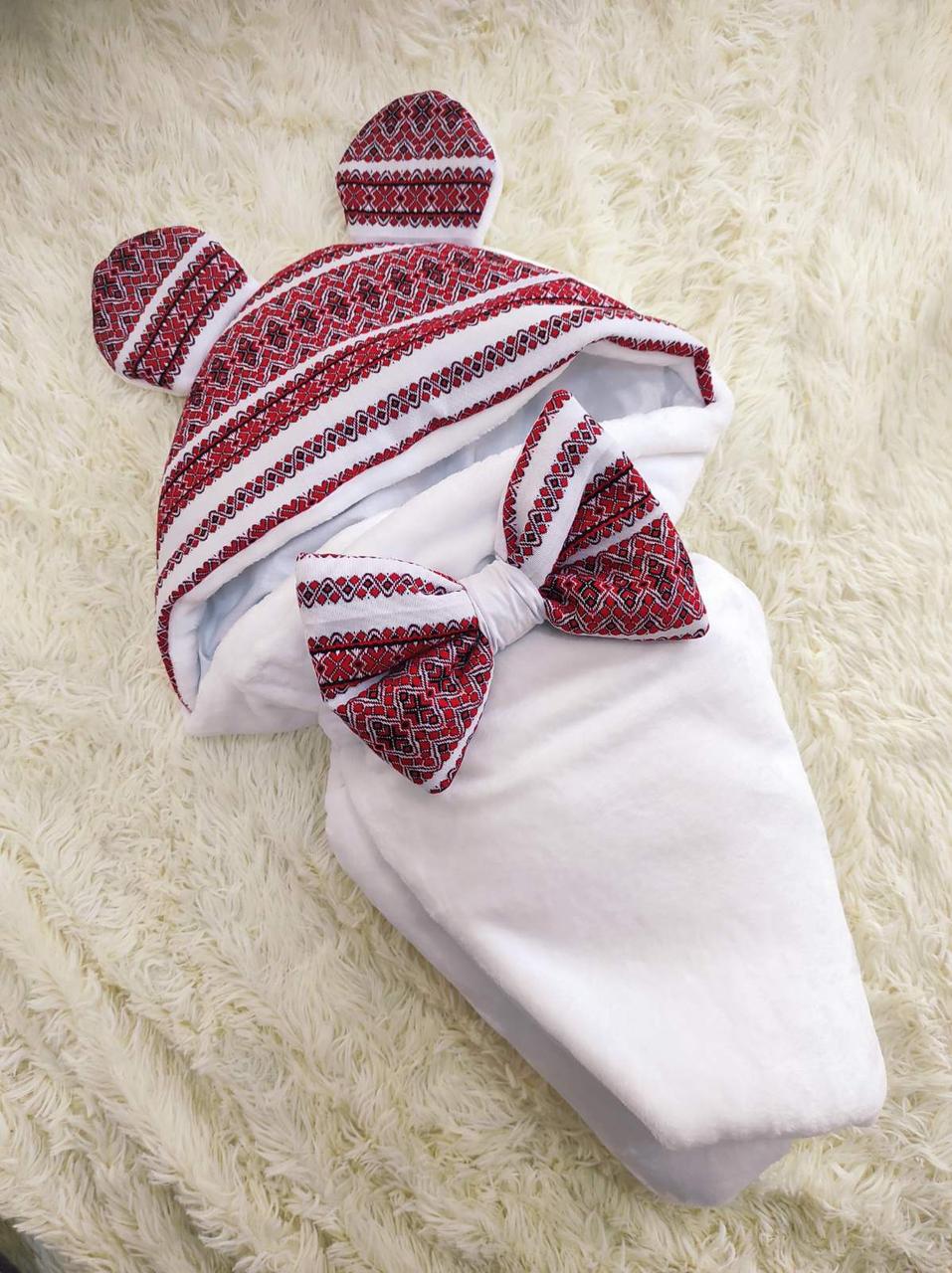 Демісезонний махровий конверт з принтом Вишиванка, білий з червоним, фото 1