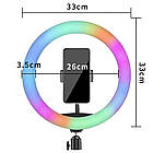 Кільцева RGB лампа 33 см з тримачем для телефону MJ33 / Різнокольорова лампа кільце для селфі, фото 9