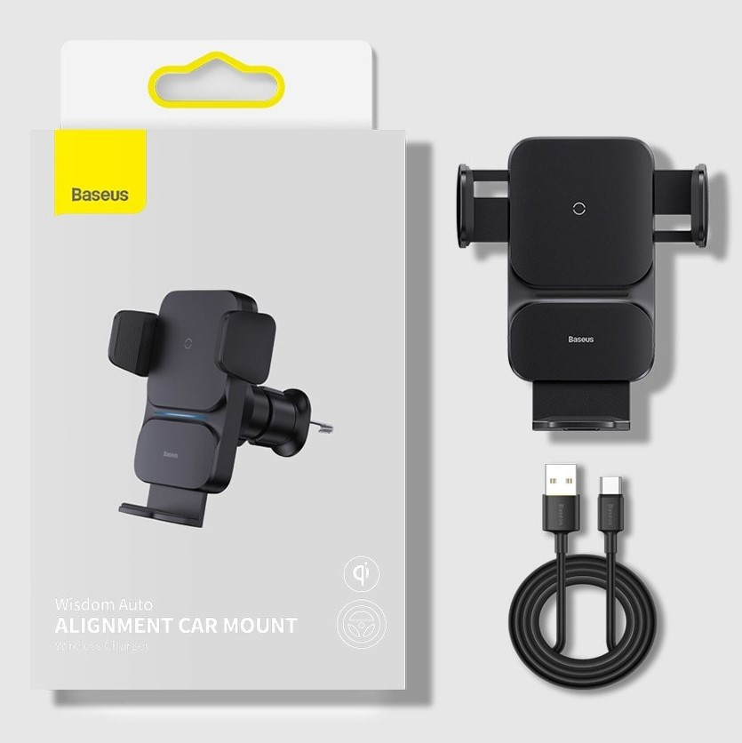 Автомобільний тримач для телефона з бездротовою зарядкою 15W BASEUS Wisdom Auto Alignment (чорний)