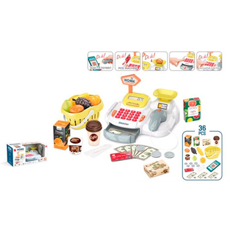 Касовий апарат іграшка 668-115, 23 см, сканер, продукти, ваги, купюри, монети, звук, світло, на бат-ку