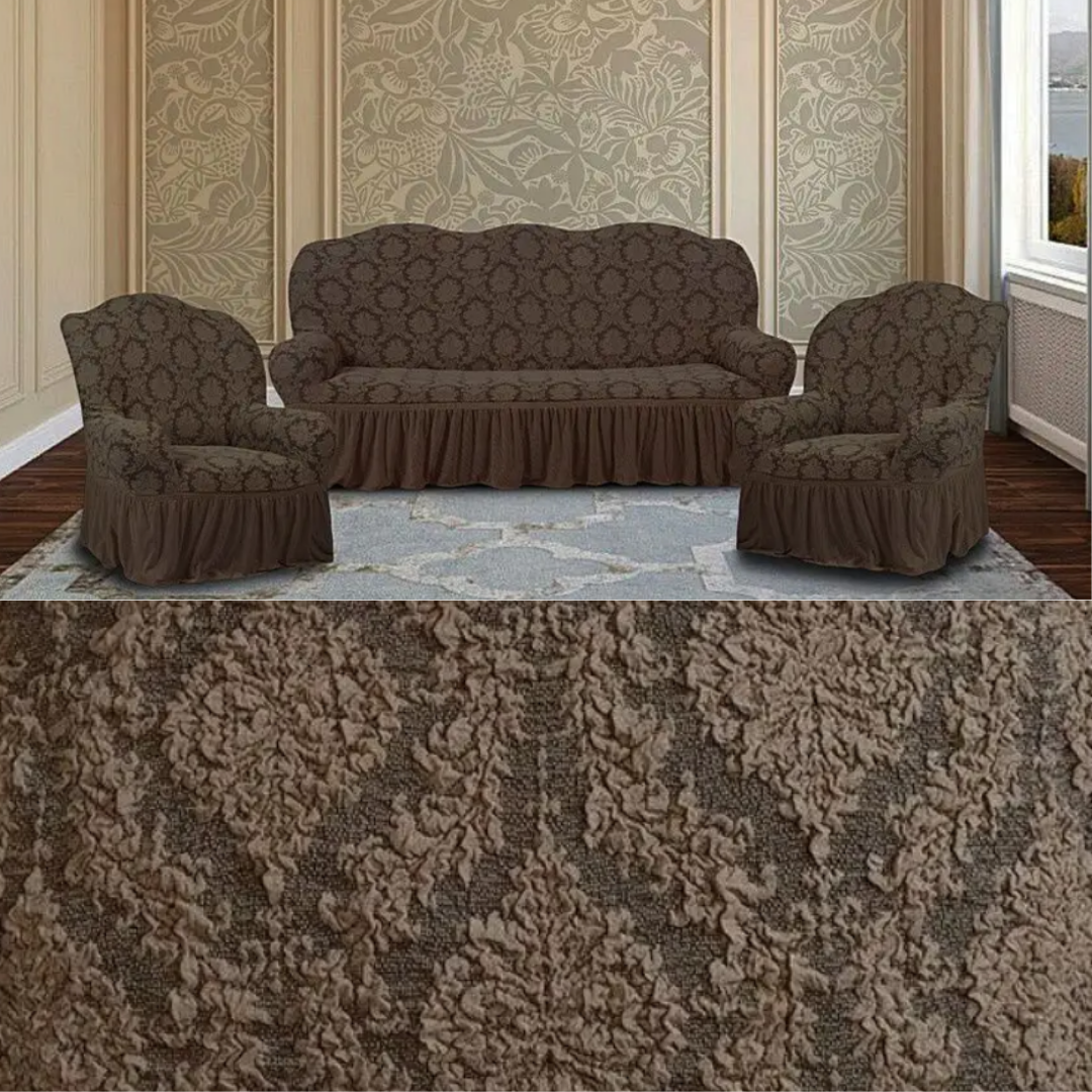 Чохли на крісла та диван натяжні, накидки на диван та крісла з оборкою жакардові Шоколад, фото 1
