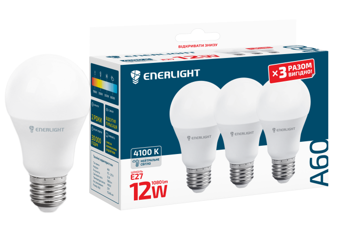 Лампа світлодіодна ENERLIGHT A60 12Вт 4100K E27 (3шт)