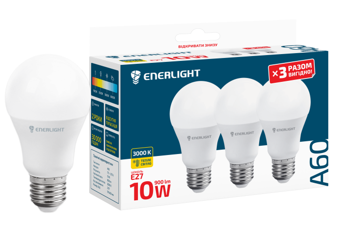 Лампа світлодіодна ENERLIGHT A60 10Вт 3000K E27 (3шт)