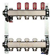 Коллектор для отопительных контуров Herz DN25 на 8 контуров нержавейка с расходомерами и термостатом