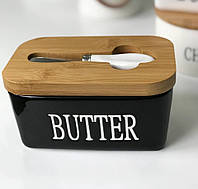 Масленка Butter 500 мл с бамбуковой крышкой и ножем керамика черная