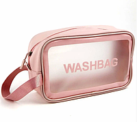 Косметичка органайзер розовая из эко-кожи Washbag 25х15х10 см с ручкой на змейке средняя