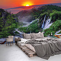 3D Флизелиновые фотообои пейзаж Ландшафт Джунгли 416x254см Природа Водопад под красочным закатом
