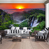 3D пейзаж флизелиновые фотообои Ландшафт Джунгли 416x290см Природа Водопад под красочным закатом