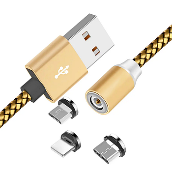 Магнітний кабель 3в1 (Type-C, Micro-USB, Lightning) для заряджання телефону, M3, Золото / Магнітний шнур заряджання