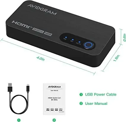 Перемикач HDMI 2.1 8K, AVIDGRAM Перемикач HDMI 2 і 1 вихід, 2 виходи 4K 120Hz Auto HDMI Selector Hub, фото 1