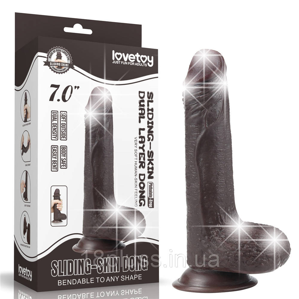 Реалістичний фалоімітатор з яєчками та ефектом живої шкіри на присосці Sliding Skin Dual Layer Dong 7'' Black, фото 1