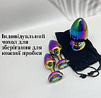 Комплект анальних металевих пробок 3 шт. Wo-sex з райдужним кристалом серцем та чохлом, фото 4