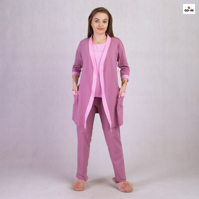 Комплект тройка фуликра женский халат с пижамой розовый  р 42-54