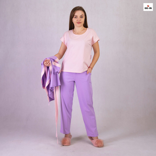 Пижама тройка фуликра для дома халат с пижамой фиолетовый р42-54