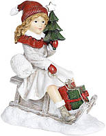Декоративна статуетка "Дівчинка з ялинкою на санках" 19х11х22 см, білий із червоним