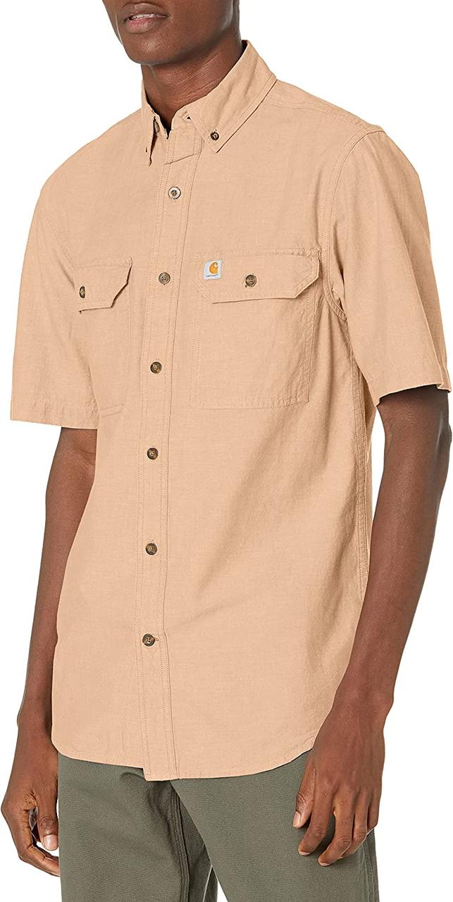 Small Dark Tan Chambray Чоловіча сорочка з короткими рукавами середньої ваги з шамбре вільного крою Carha