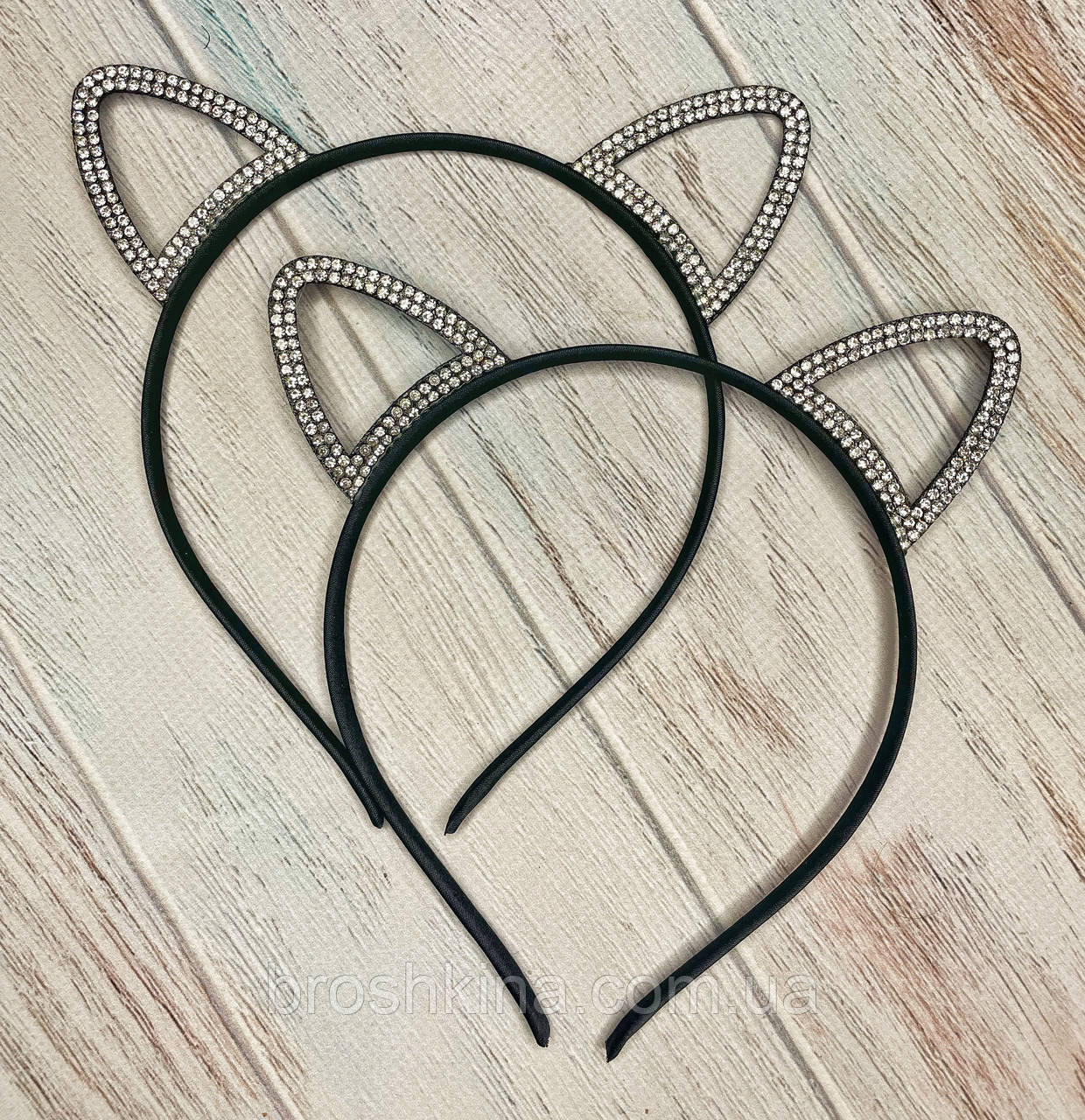 Обручі для волосся Вушка в кольорових стразах 12 шт./пач., фото 1