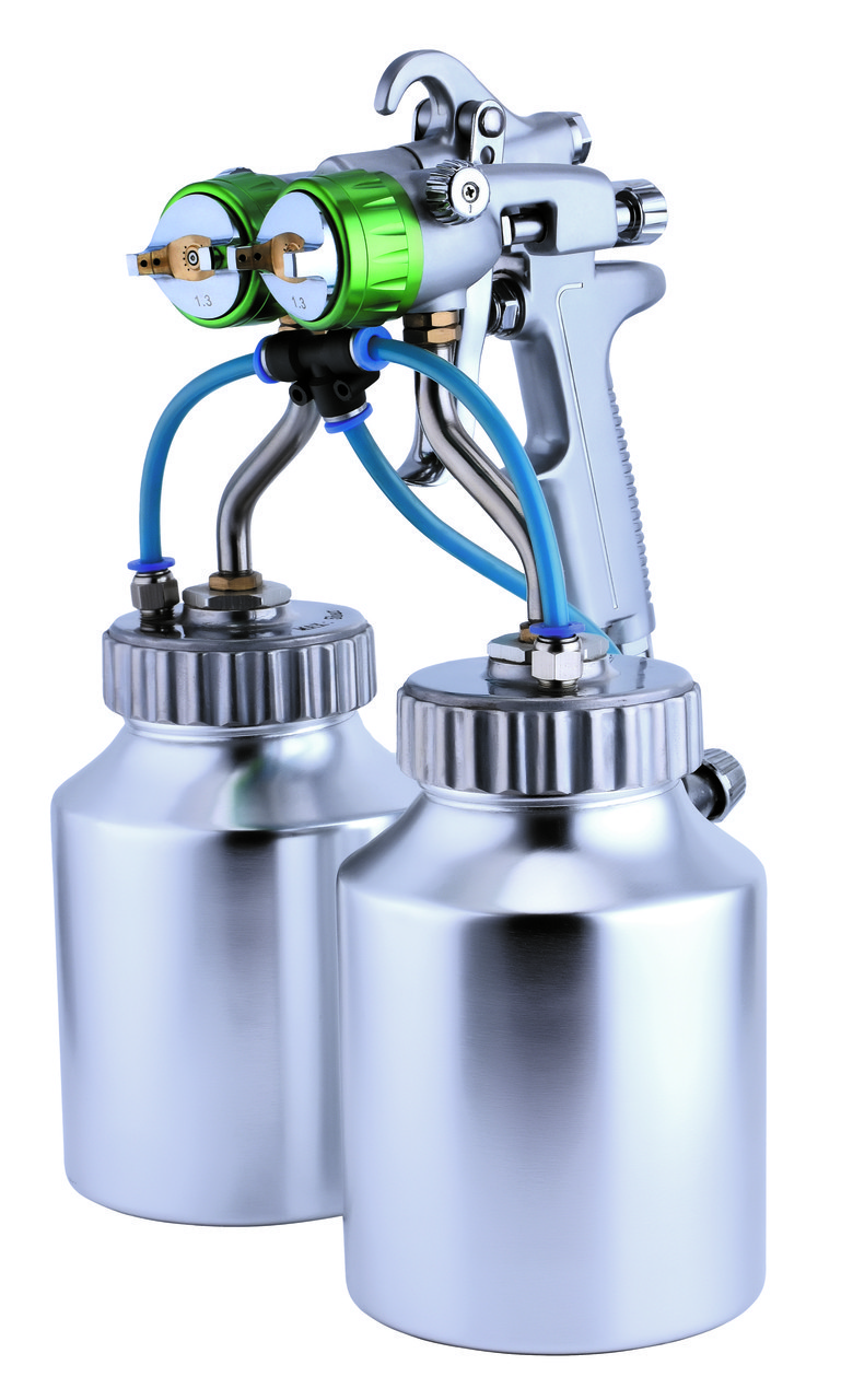 Пістолет фарбувальний пневматичний HVLP 1,3 (2 бачки, 2 форсунки) AUARITA PT-29B-1.3