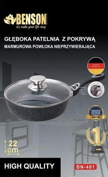 Сковорода з кришкою глибока Benson BN-481 з антипригарним мармуровим покриттям 22 х 6 см