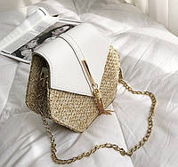 Стильная женская мини сумочка клатч плетеная соломенная маленькая сумка шестигранная Белый