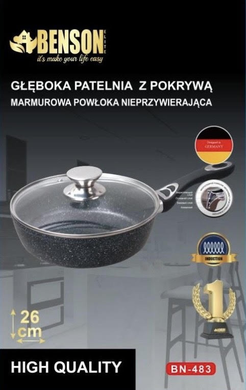 Сковорода з кришкою глибока Benson BN-483 з антипригарним мармуровим покриттям 26 х 7 см