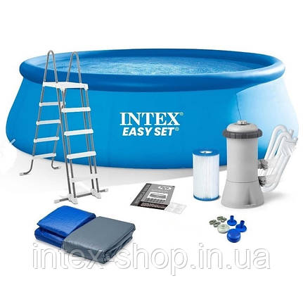 Надувний басейн Intex 26168 (457х122 см) (Картриджний фільтр насос 3785 л/год, драбина, тент, підстилка), фото 1