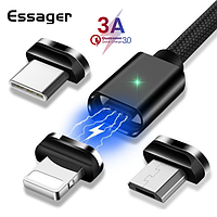 Магнитный кабель черный ESSAGER (micro USB, Type-C, iPhone) 2метра(PS)