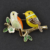 Брошь две птички на веточке металлическая золотистая акриловая размер 45Х30 мм ювелирное исполнение