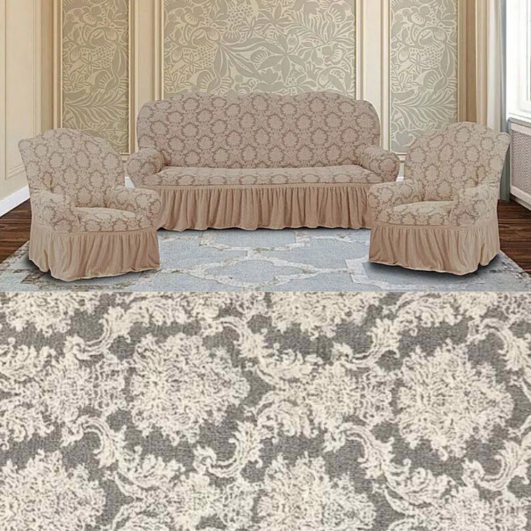 Чохол для дивана та крісла натяжний, накидки на диван та крісла з оборкою жакардові Молочний, фото 1