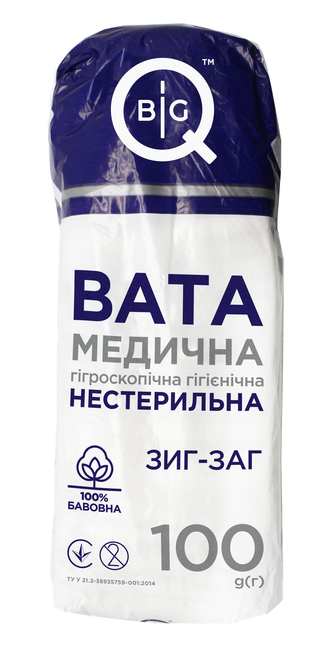 Вата медична гігієнічна нестерильна BigQ зигзагоподібна стрічка, 100г