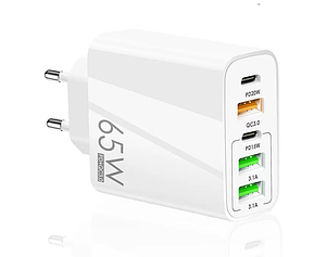 Зарядний пристрій мережевий USB 65W 1*QC3.0 1*PD20W 2*3.1A білий новий