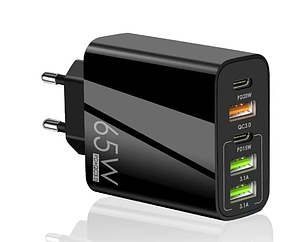 Зарядний пристрій мережевий USB 65W 1*QC3.0 1*PD20W 2*3.1A чорний новий