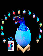 Нічник настільний Динозавр у яйці 3D з пультом ДК Різнобарвний Дитячий світильник